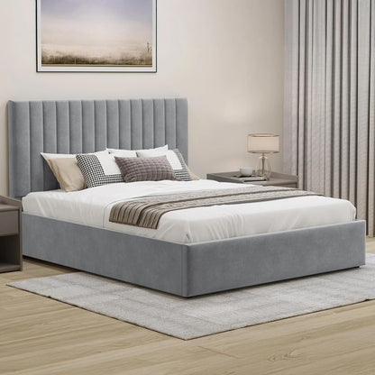 Ottoman Storage Bed, Velvet Double Bed Frame, Upholstered Gas Lift Up Bed Frame
