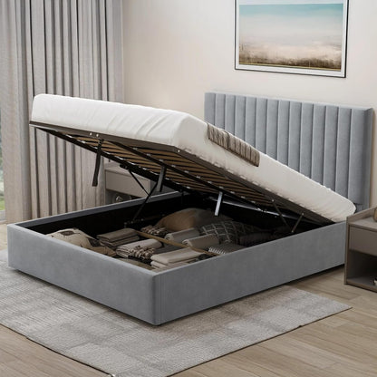 Ottoman Storage Bed, Velvet Double Bed Frame, Upholstered Gas Lift Up Bed Frame