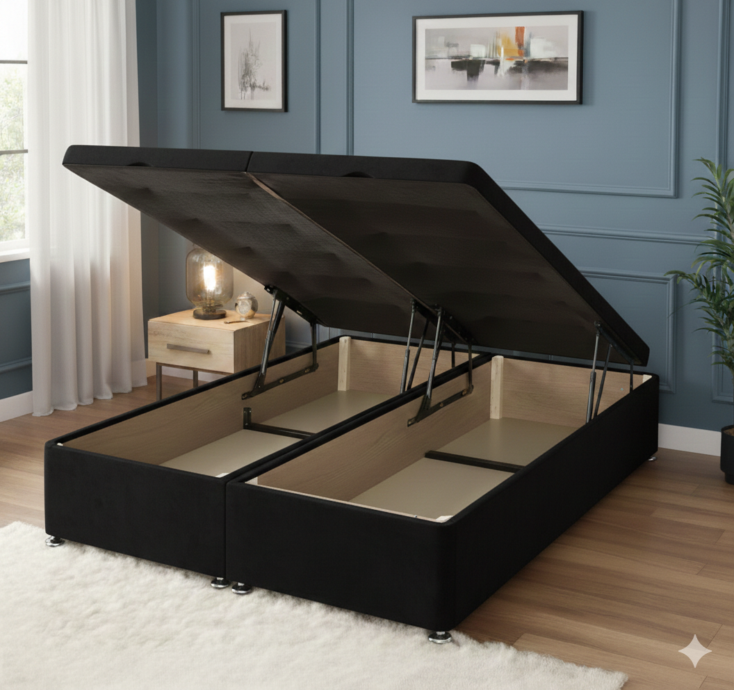 Storex Soft Velvet Ottoman Storage Bed Divan Drawers Bed Plush Gas Lift Up Base