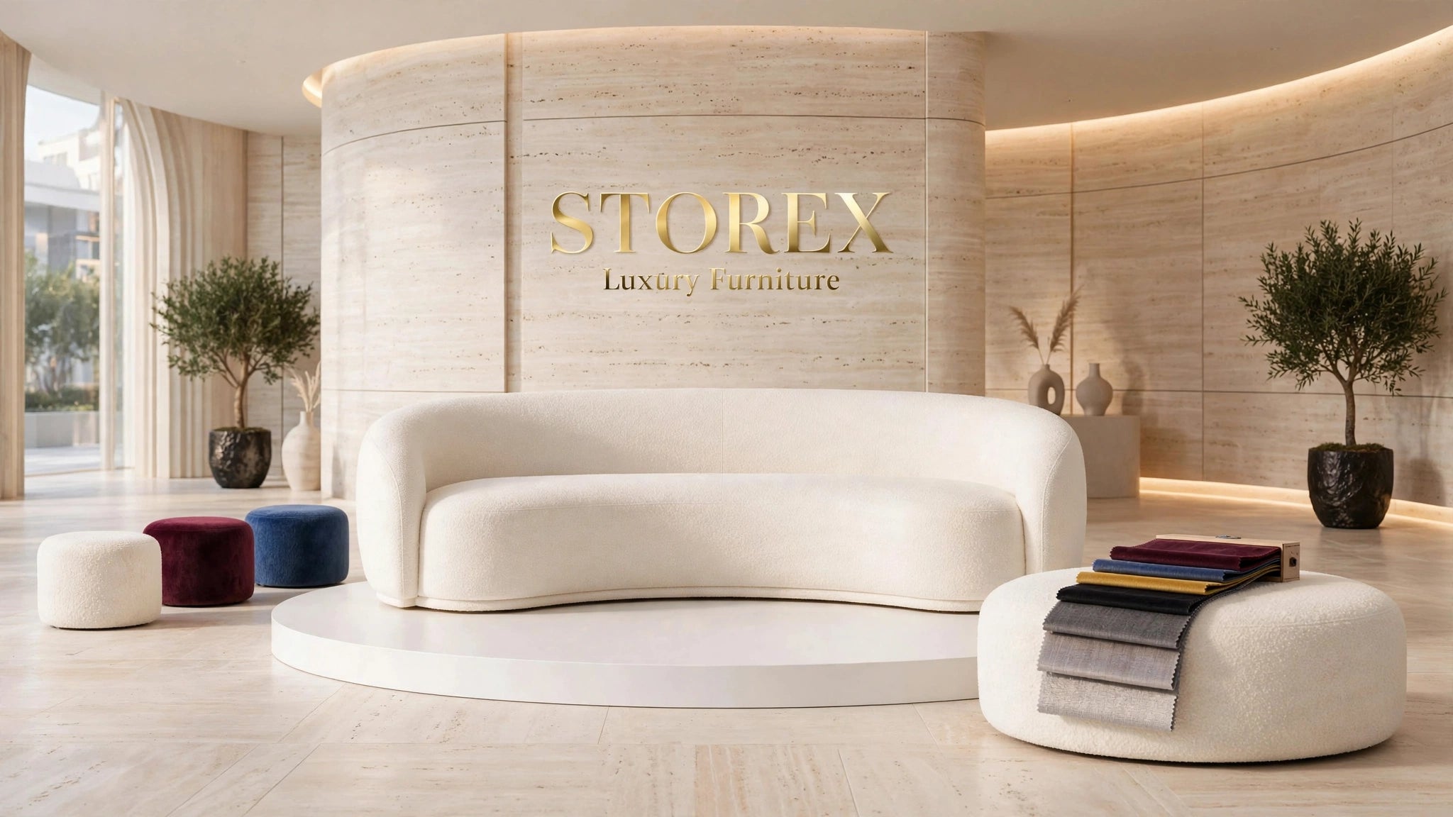 A modern curved white sofa displayed in a luxury showroom with a branded stone wall reading STOREX. The room has warm wood and stone textures, additional accent stools in white, burgundy, and blue, potted trees, and a round ottoman with folded fabric swatches.