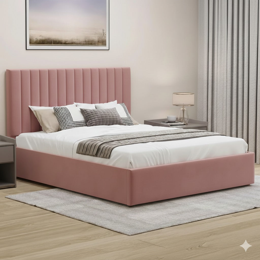 Ottoman Storage Bed, Velvet Double Bed Frame, Upholstered Gas Lift Up Bed Frame