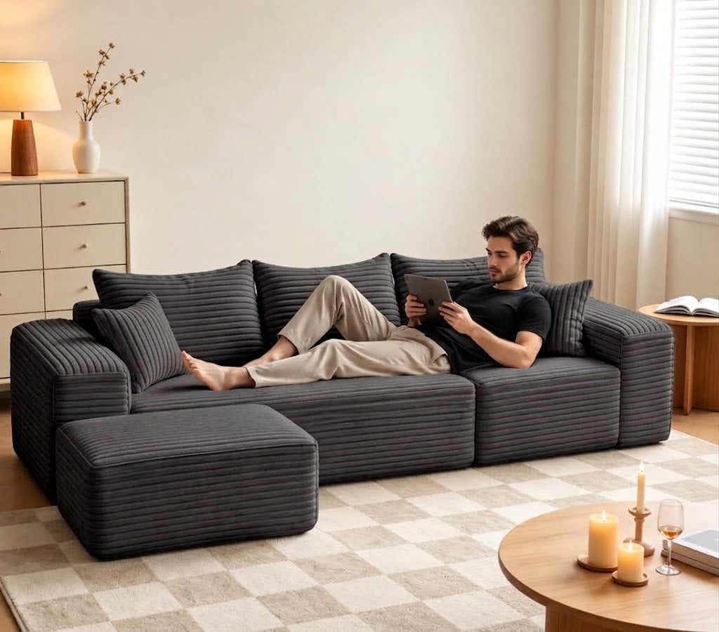 Mellow Modular Sofa With Ottoman — Jumbo Cord - Cream
